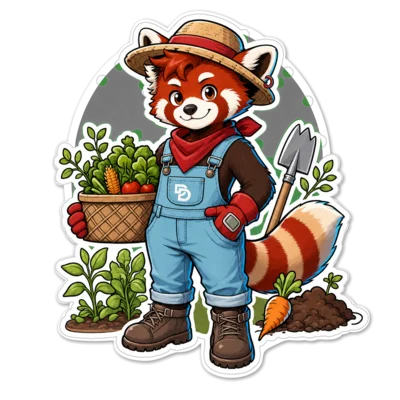 Panda dressed as a gardener with a basket of vegetables